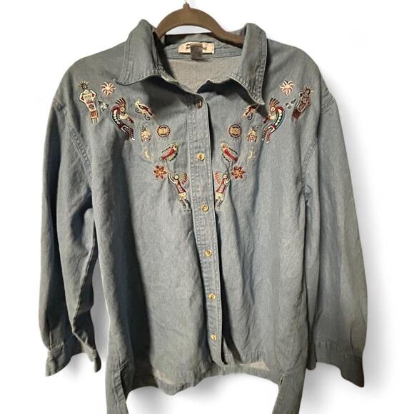Vintage 90s denim button up shirt southwestern flute player Kokopelli embroidery - Picture 1 of 6
